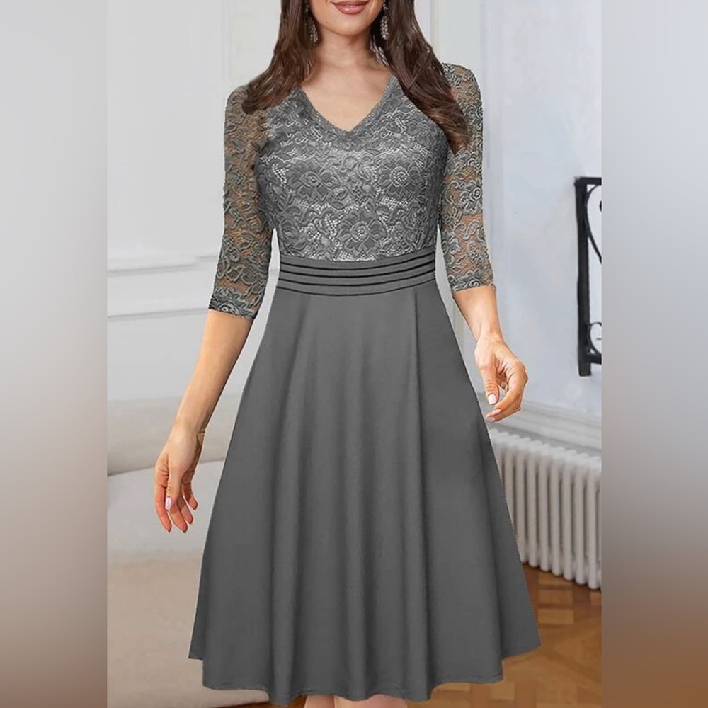 HOMEYEE Women's Size 8 Chic V-Neck Lace‎ Patchwork Flare Party Dress